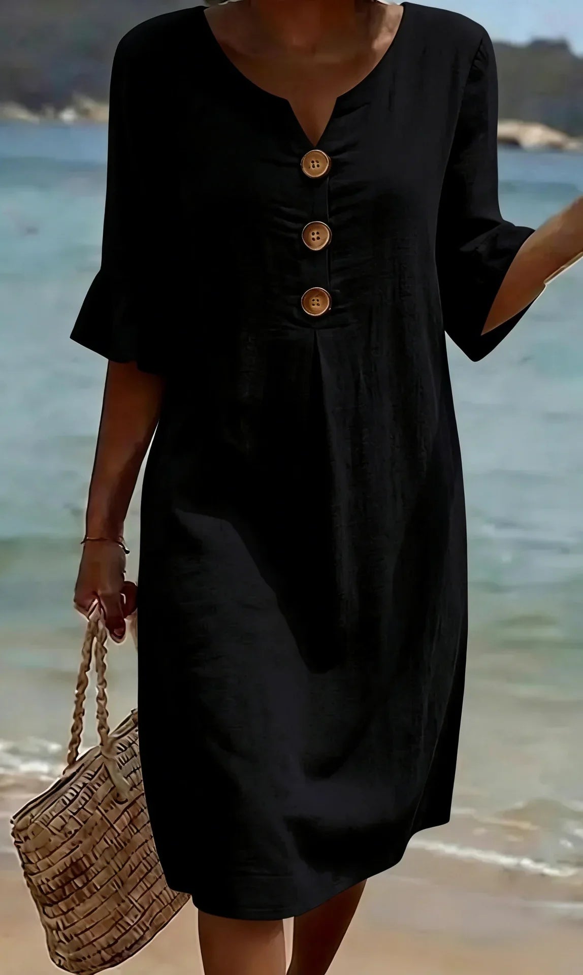 Vanesa™ | Vestido con textura de lino con manga abullonada y botones - Ebora Store