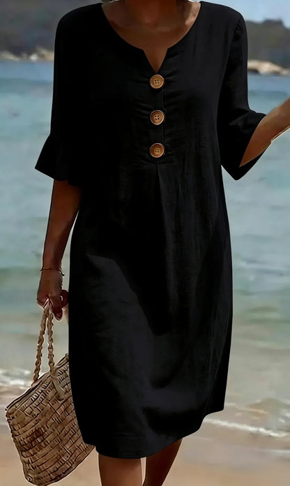 Vanesa™ | Vestido con textura de lino con manga abullonada y botones - Ebora Store