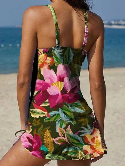 Fest – Tankini med blommigt grafiskt tryck, shorts, platt mage-effekt