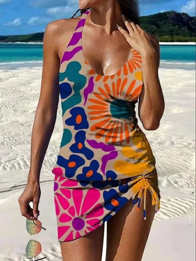 Fest – Tankini med blommigt grafiskt tryck, shorts, platt mage-effekt