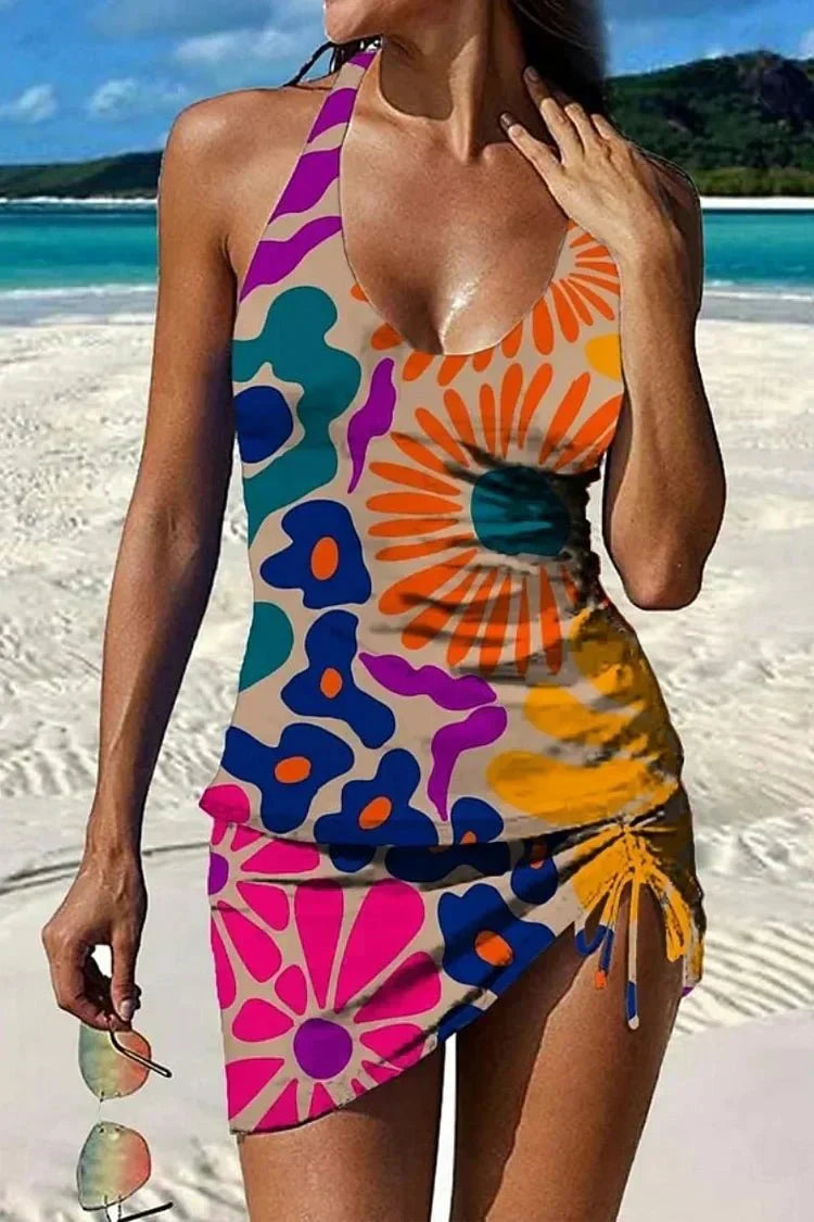 Fest – Tankini med blommigt grafiskt tryck, shorts, platt mage-effekt