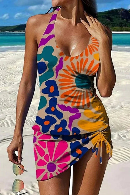 Fest – Tankini med blommigt grafiskt tryck, shorts, platt mage-effekt