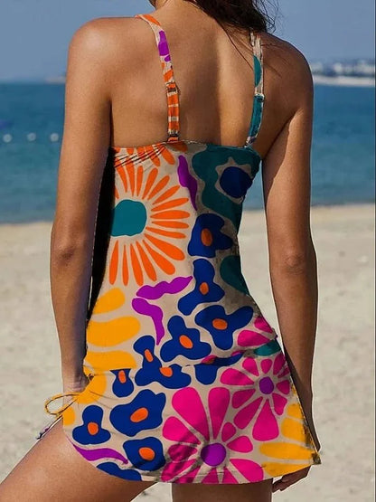 Fest – Tankini med blommigt grafiskt tryck, shorts, platt mage-effekt