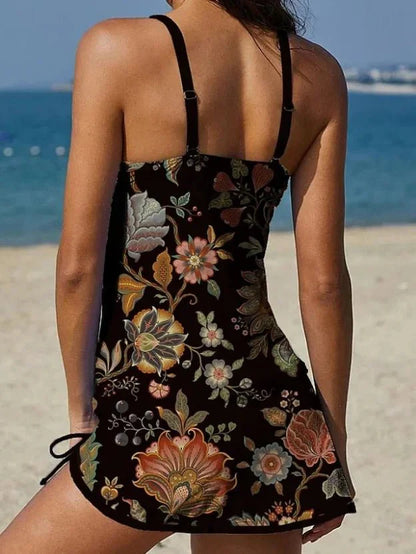 Fest – Tankini med blommigt grafiskt tryck, shorts, platt mage-effekt