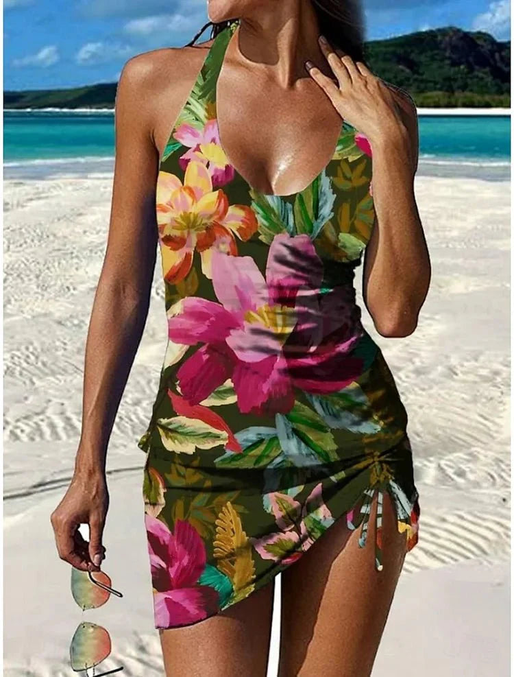 Fest – Tankini med blommigt grafiskt tryck, shorts, platt mage-effekt