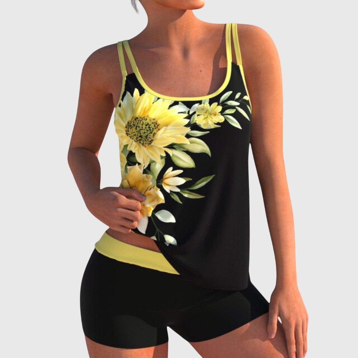 Flor – Blommig tankini med shorts och platt mage-effekt