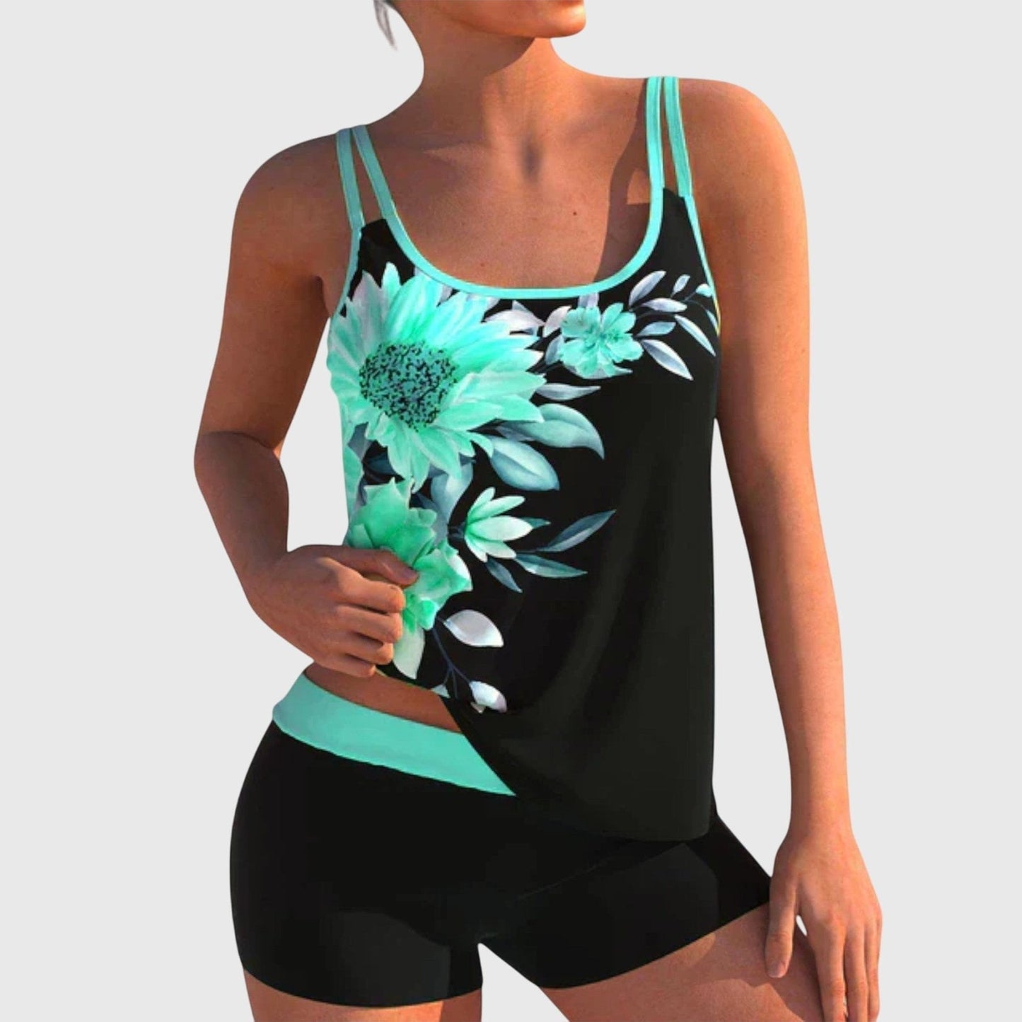 Flor – Blommig tankini med shorts och platt mage-effekt