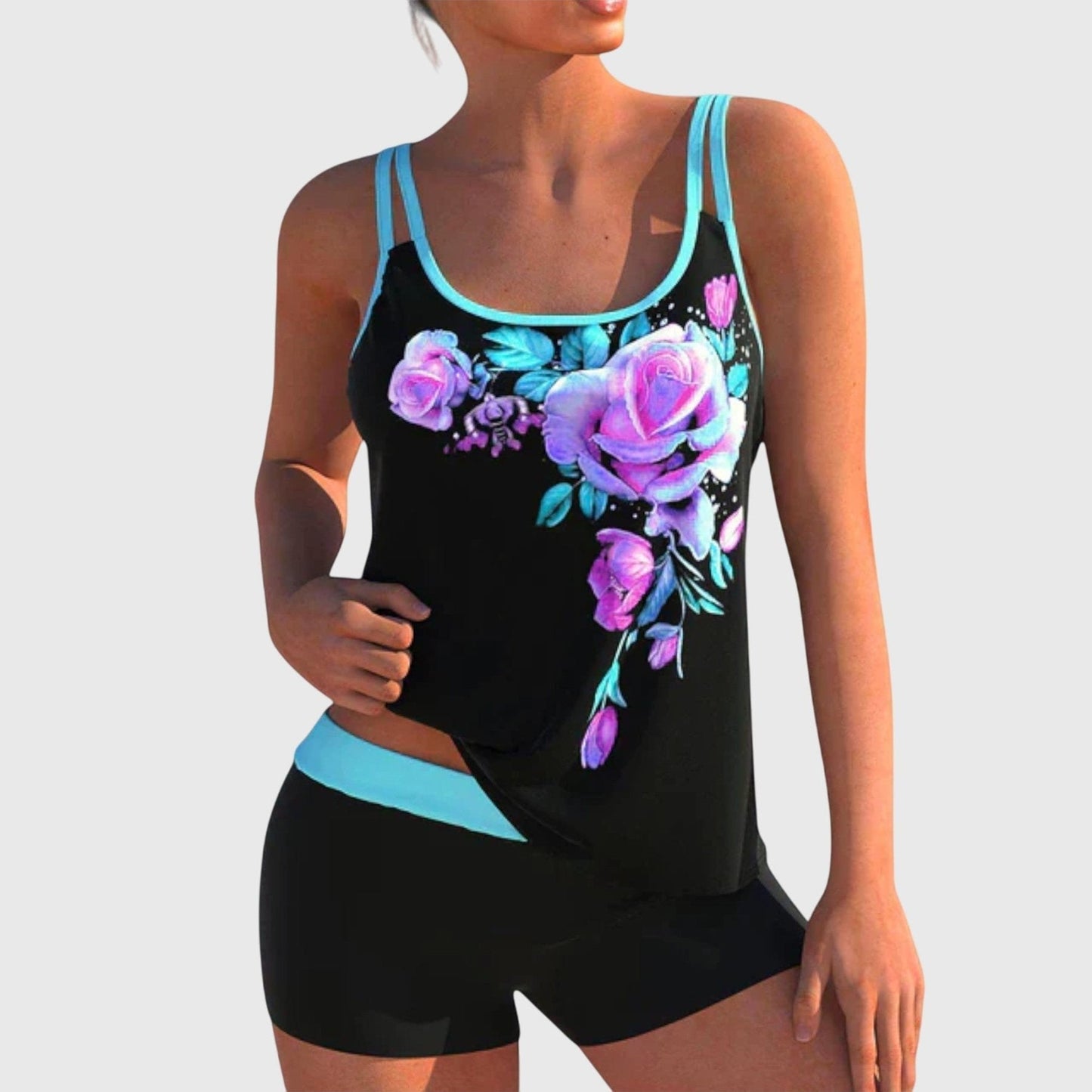 Flor – Blommig tankini med shorts och platt mage-effekt