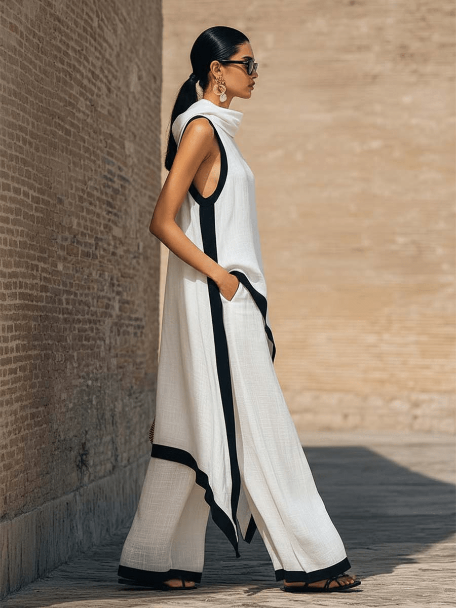 Conjunto elegante de dos piezas en lino y algodón con corte artístico. - Ebora Store