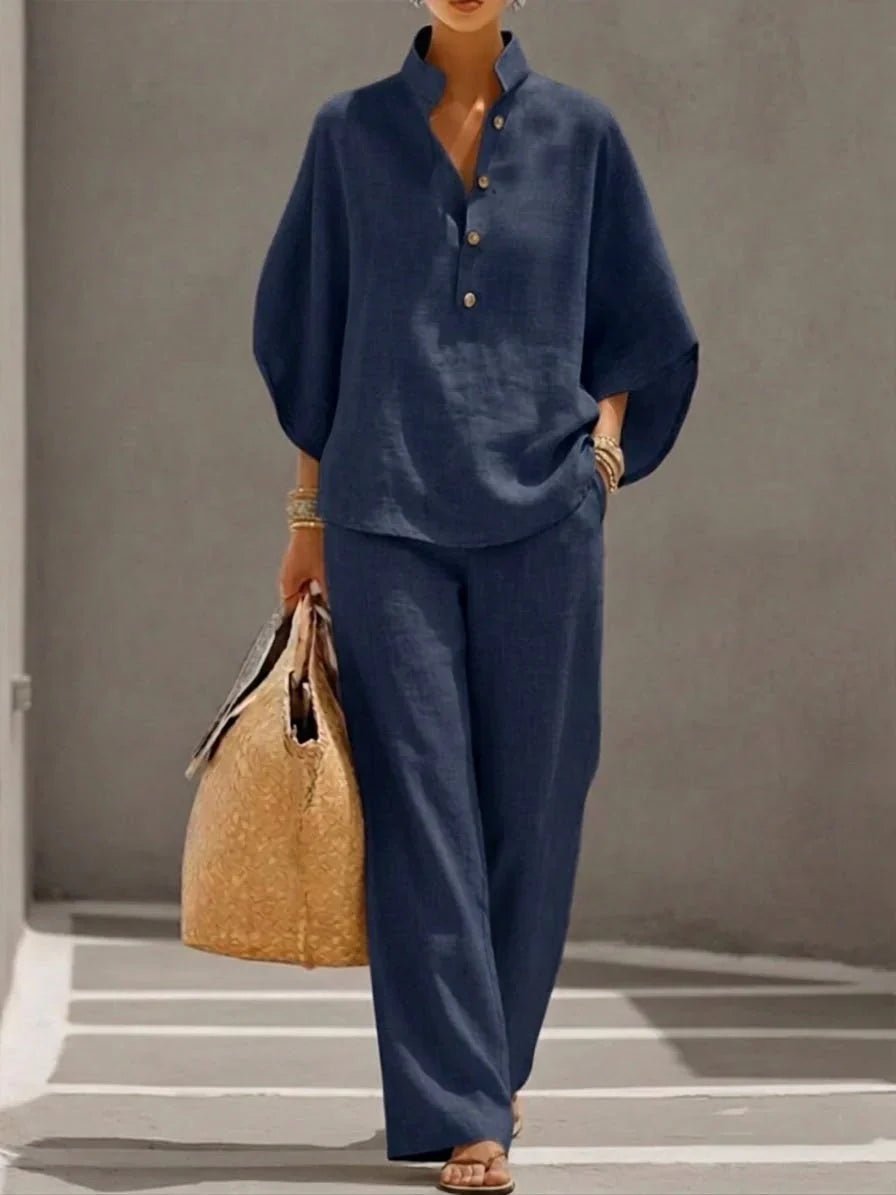 Maribel™ | Conjunto de lino con mangas murciélago y pantalón ancho - Ebora Store