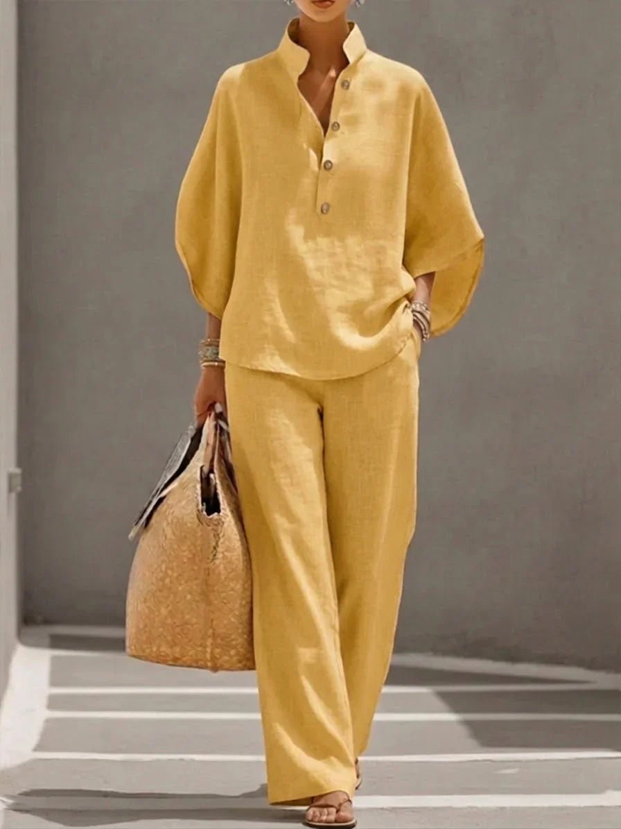 Maribel™ | Conjunto de lino con mangas murciélago y pantalón ancho - Ebora Store