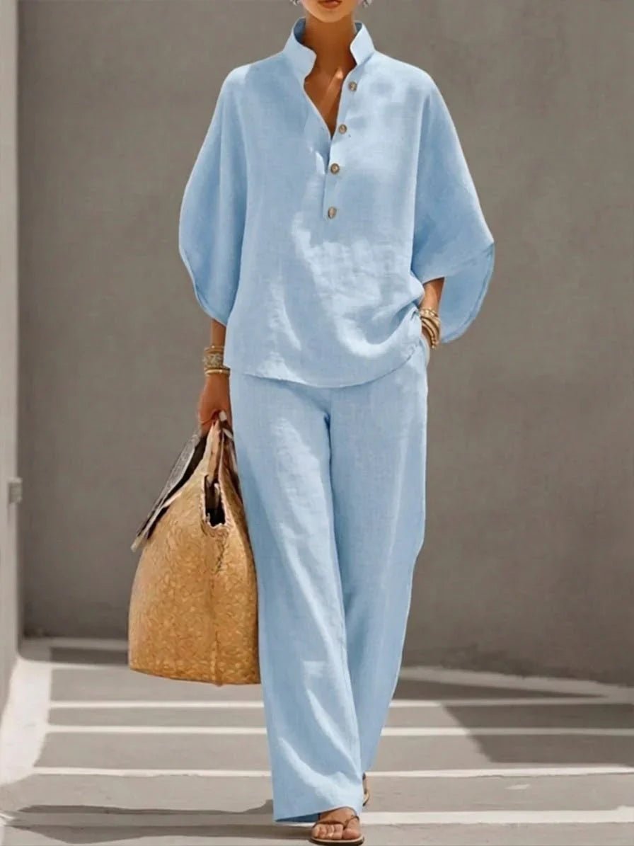 Maribel™ | Conjunto de lino con mangas murciélago y pantalón ancho - Ebora Store