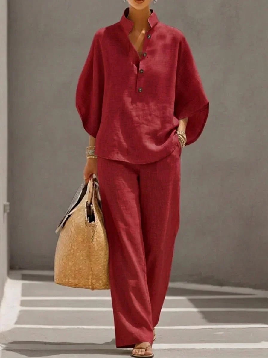 Maribel™ | Conjunto de lino con mangas murciélago y pantalón ancho - Ebora Store