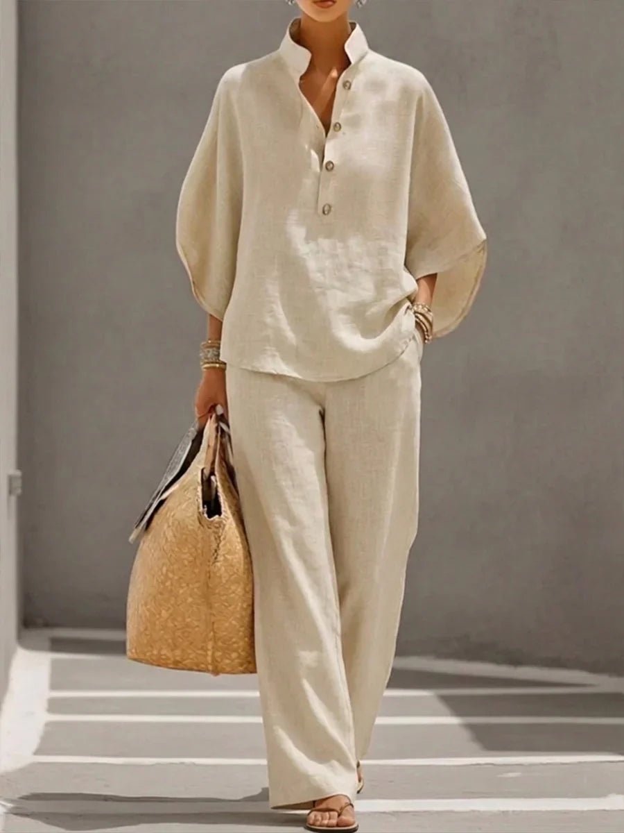 Maribel™ | Conjunto de lino con mangas murciélago y pantalón ancho - Ebora Store