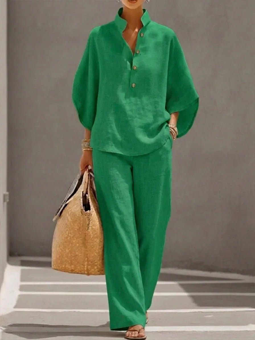 Maribel™ | Conjunto de lino con mangas murciélago y pantalón ancho - Ebora Store