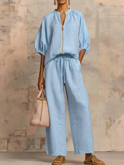 Alba | Conjunto de dos piezas: Camisa de estilo relajado y pantalón de pernera ancha - Ebora Store